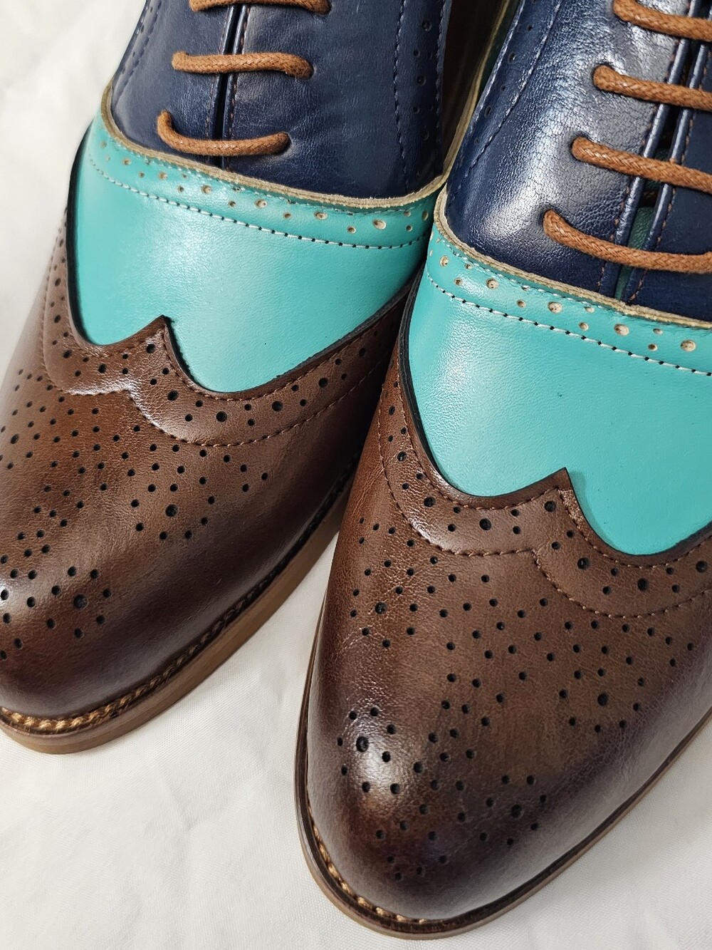 Unique Tri-Tone Faux Leather Lace Up Brogue Oxford Shoes Wingtip Loafers NEW - Picture 10 of 14